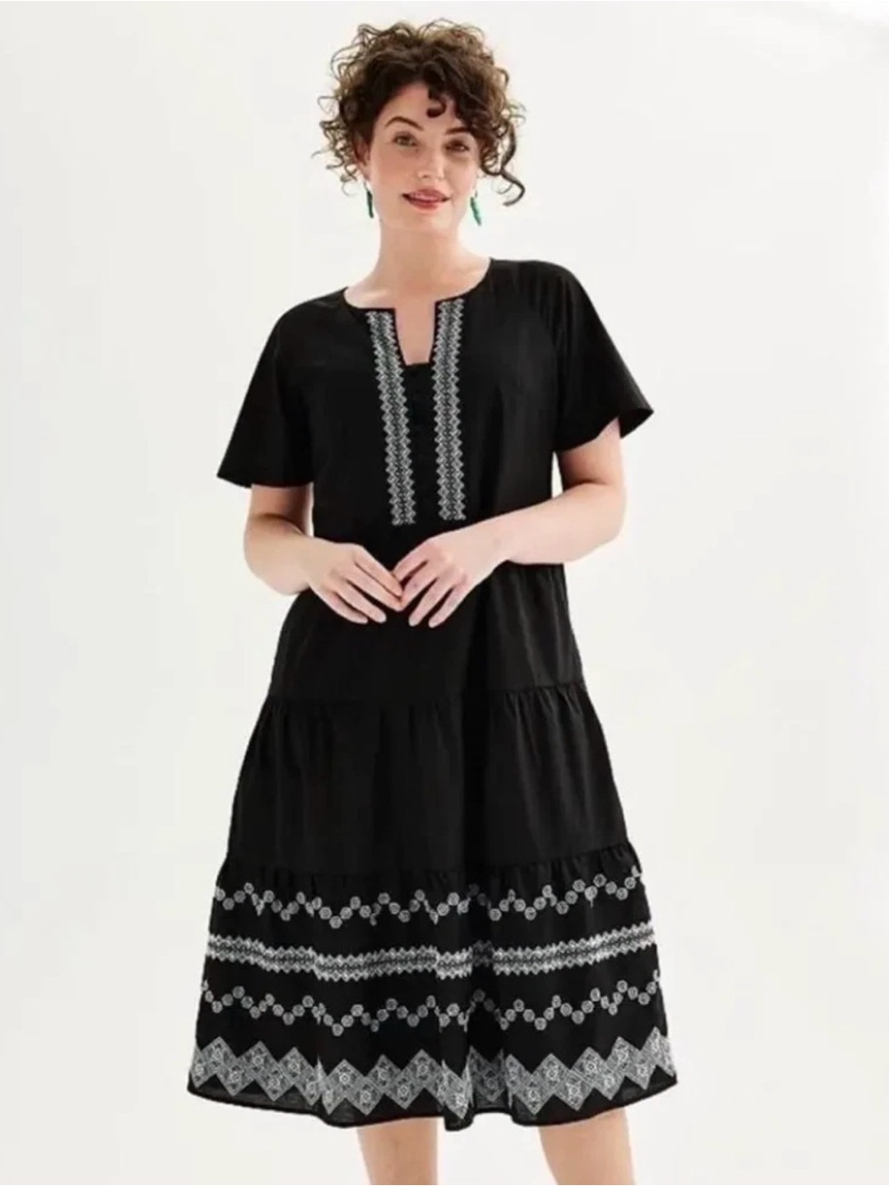 Draper James RSVP Large Black White Geometric Embroidered Tiered Dress